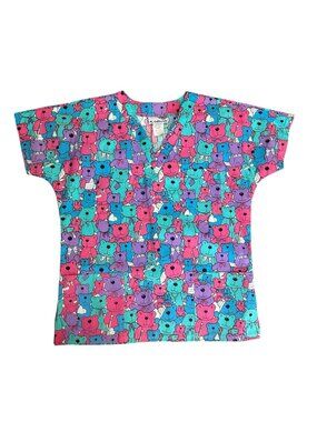 P L California Multicolor Bear Short Sleeved Scrub Top SZ LG (New With Tags)